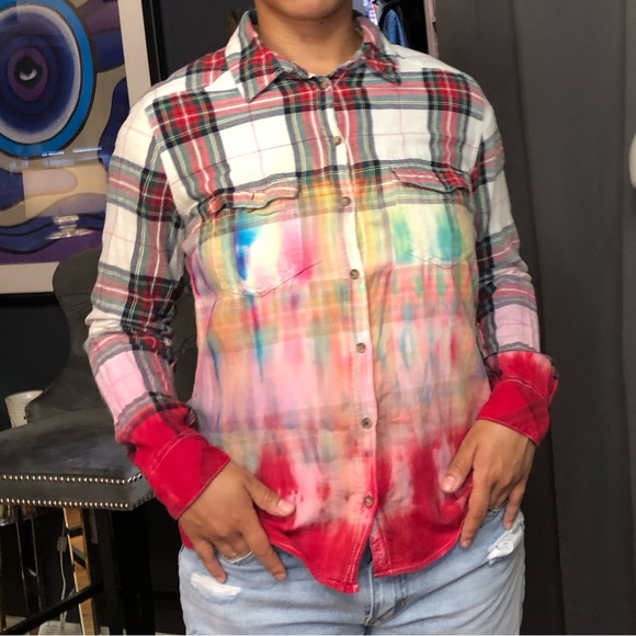 ❤️ L.O.G.G. By H&M dip-dyed tie-dyed plaid shirt 42 / 12 one of one - Picture 15 of 15